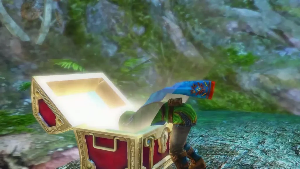 Link opens a treasure chest in a forest clearing where the Bow is found