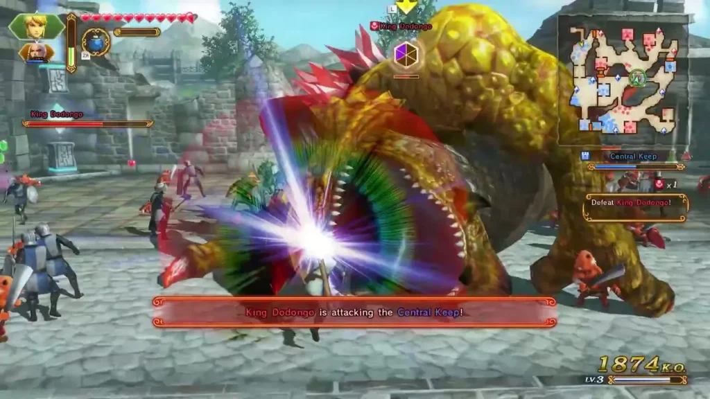 King Dodongo has its mouth open as a bright blast hits it
