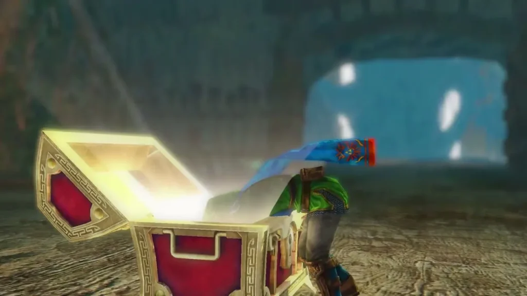 Link opens a treasure chest in a forest clearing, where the Ocarina is kept