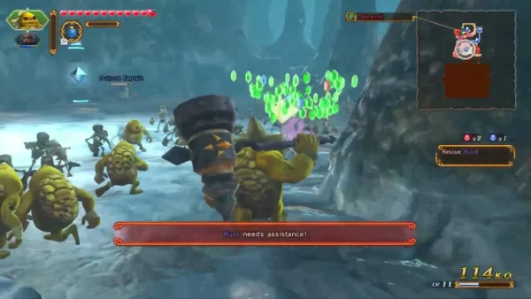 Green crystals burst out above a battle with yellow Bulblin troops on a rocky field Green crystals burst out above a battle with yellow Bulblin troops on a rocky field