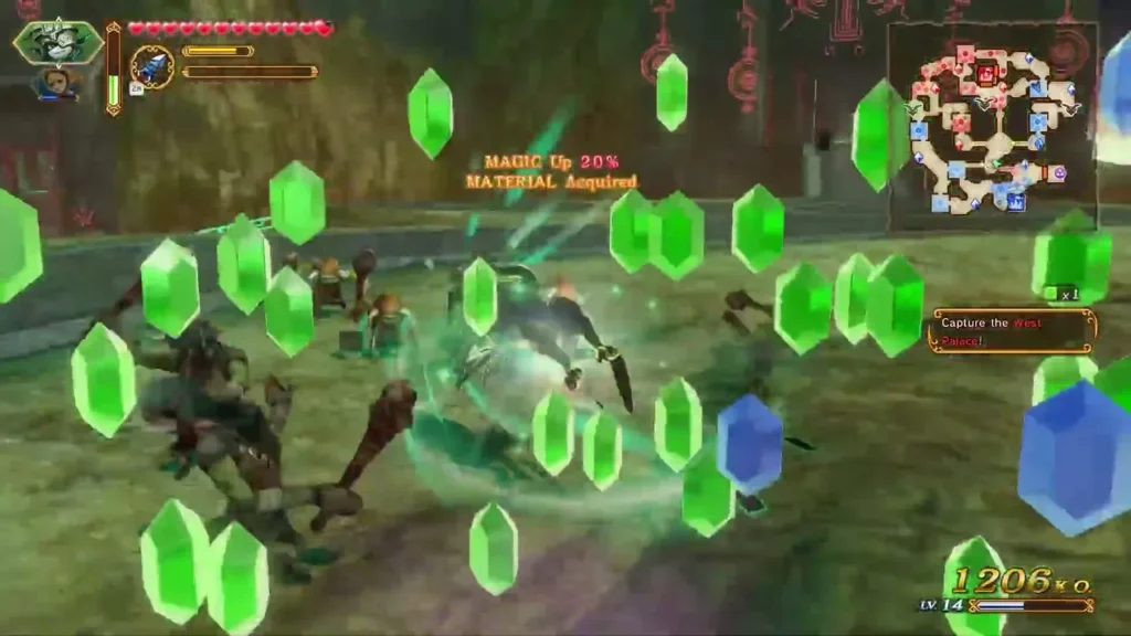 MATERIAL Acquired pops up as green and blue crystals burst out of a battle with enemies MATERIAL Acquired pops up as green and blue crystals burst out of a battle with enemies