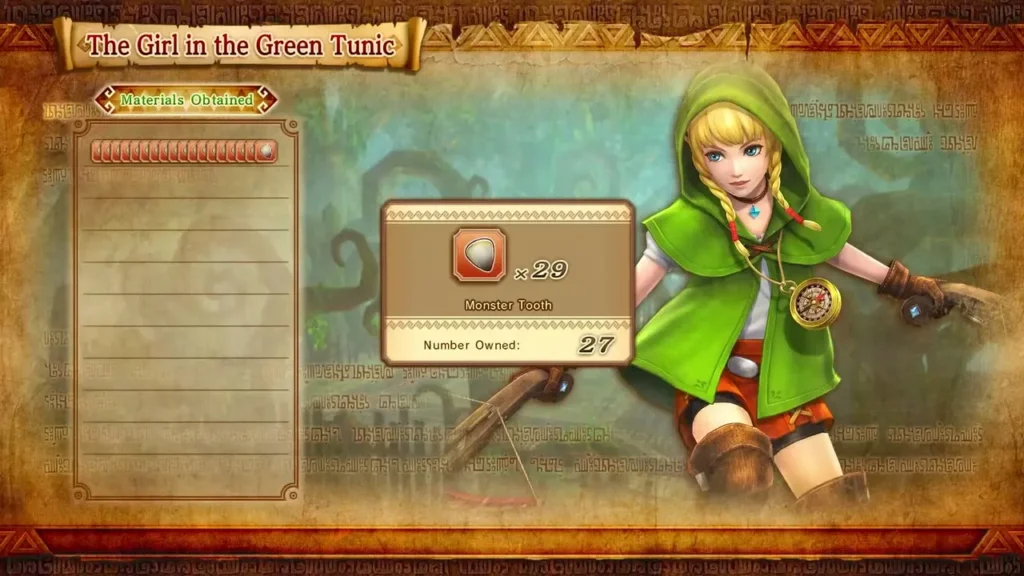 Materials Obtained results screen lists Monster Teeth, a bronze material, from The Girl in the Green Tunic Materials Obtained results screen lists Monster Teeth, a bronze material, from The Girl in the Green Tunic