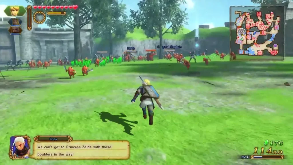 Two warrior icons sit in the top-left HUD as Link runs toward red soldiers across Hyrule Field