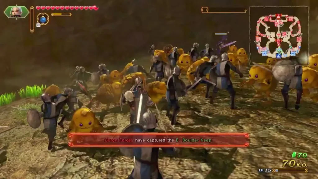 Impa fights Goron forces in a battle where Goron Forces have captured the E. Boulder Keep