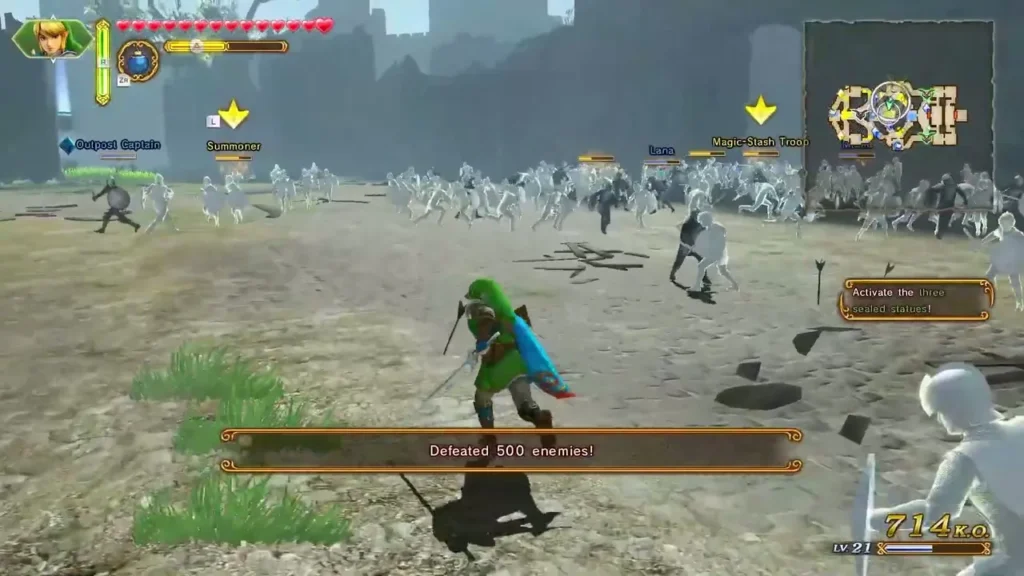 A Defeated 500 enemies banner appears during a battle while the KO counter climbs past 700