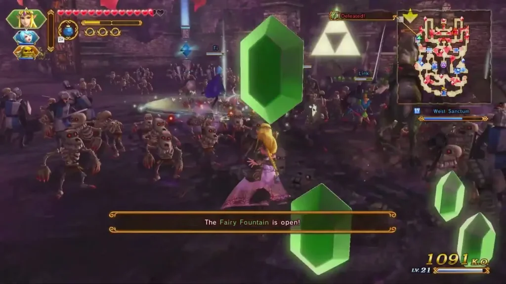 A banner says The Fairy Fountain is open over a battle