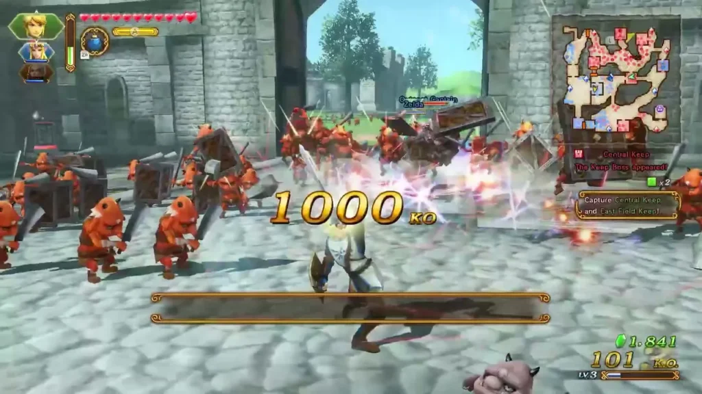 A battle with the KO counter at 1000 and the message The Keep Boss appeared! near Central Keep A battle with the KO counter at 1000 and the message The Keep Boss appeared! near Central Keep