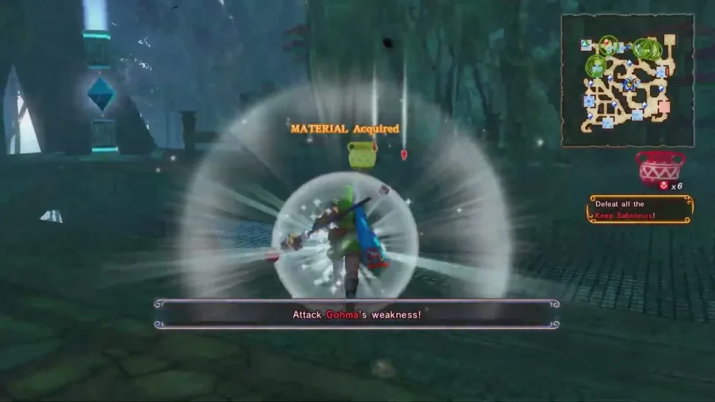 Banner reads Attack Gohma's weakness! as Link strikes in a burst of light