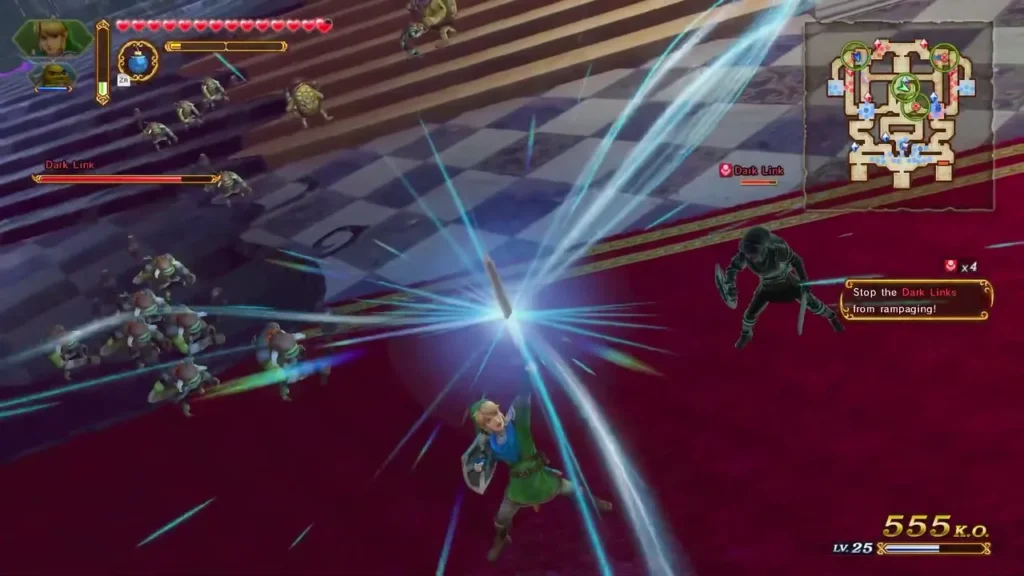 Link unleashes a blue energy slash on Dark Links in the red-carpet hall of A War of Spirit