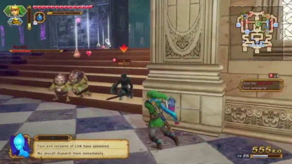 A banner reads Four evil versions of Link have appeared as Link faces Dark Links on a staircase