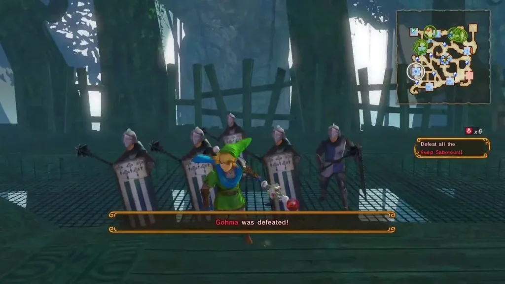 The banner reads Gohma was defeated! as Link stands before a row of Keep Saboteurs