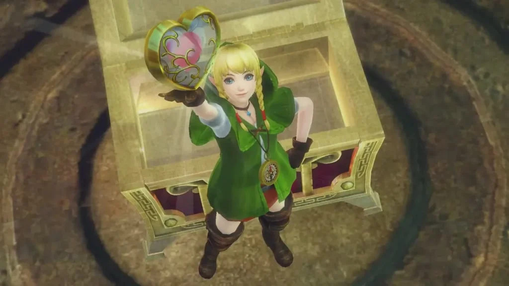 Linkle holds up a Piece of Heart in front of an open chest at the start of The Girl in the Green Tunic