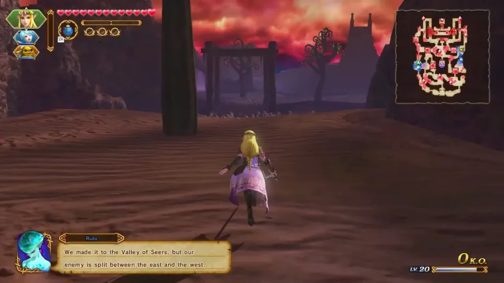 Zelda walks through the Valley of Seers under a red sky as a dialogue box says the army has reached it