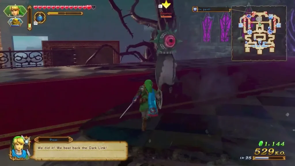 The dialogue box reads We did it! We beat back the Dark Link as Link stands in a red-carpet hall