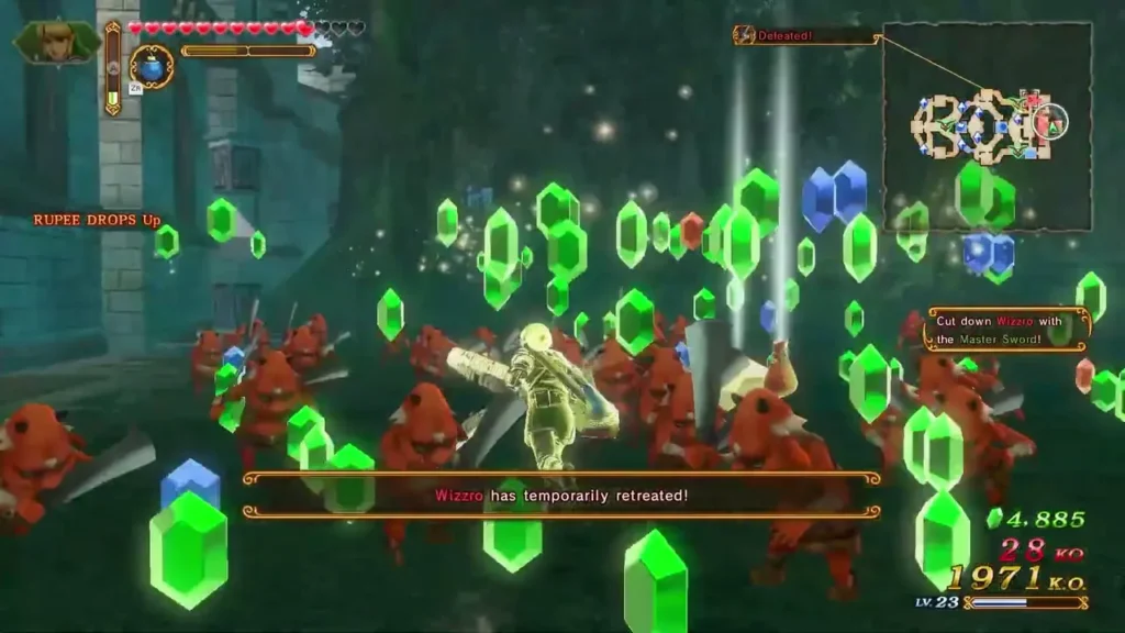 A banner reads Wizzro has temporarily retreated! as Link fights red soldiers under a shower of rupees