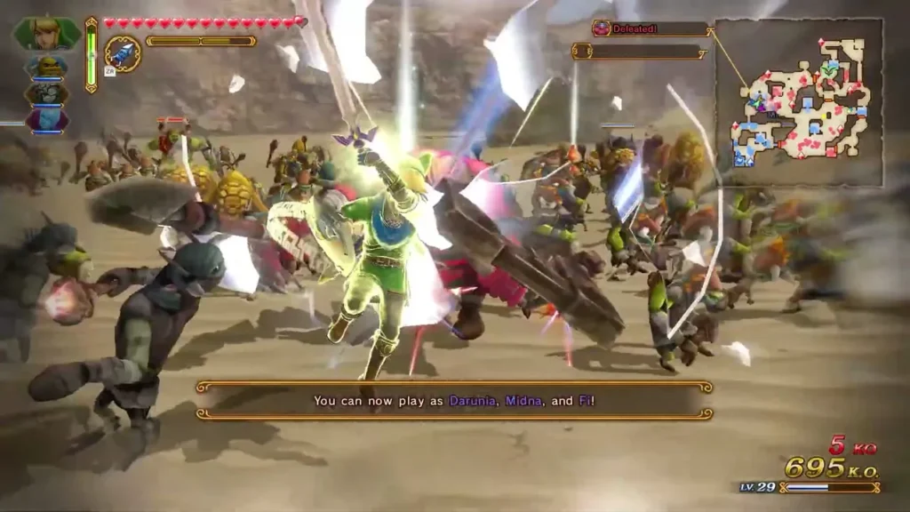 A banner reads that Darunia, Midna and Fi can now be played as Link fights