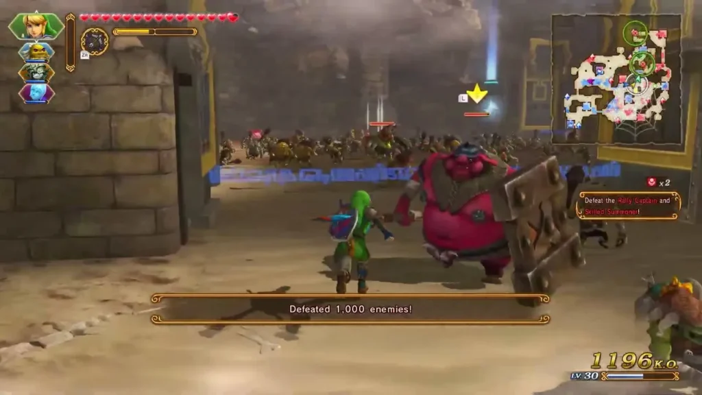 A banner reads Defeated 1,000 enemies while Link fights a large pink Moblin