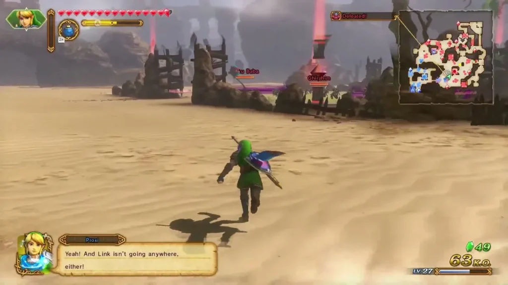 Link crosses open desert sand while Zelda says Link is not going anywhere