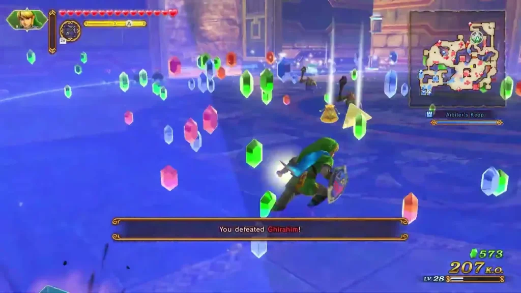 A banner reads that Link defeated Ghirahim, with Arbiter's Keep shown on the minimap