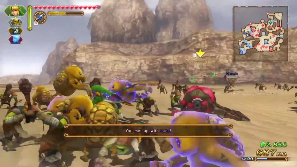 A banner reads that Link met up with Lana in the middle of the desert battle