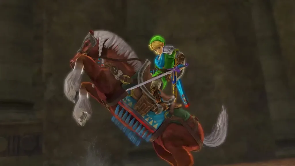 Link rides his horse in a dim hall after the Victory banner