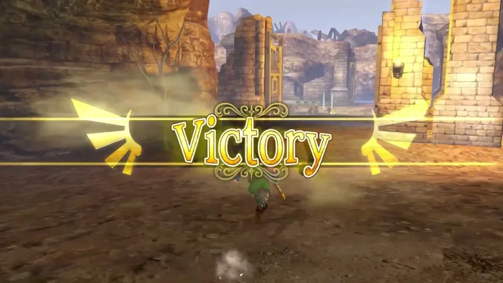 A Victory banner appears over the battlefield after Link wins