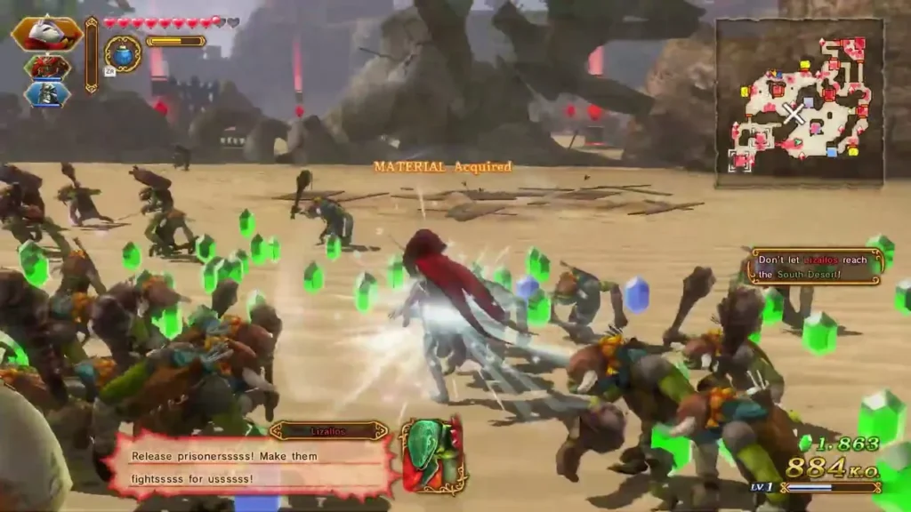 Freed prisoners fight beside Ganondorf in a crowd of monsters, with a release message on screen