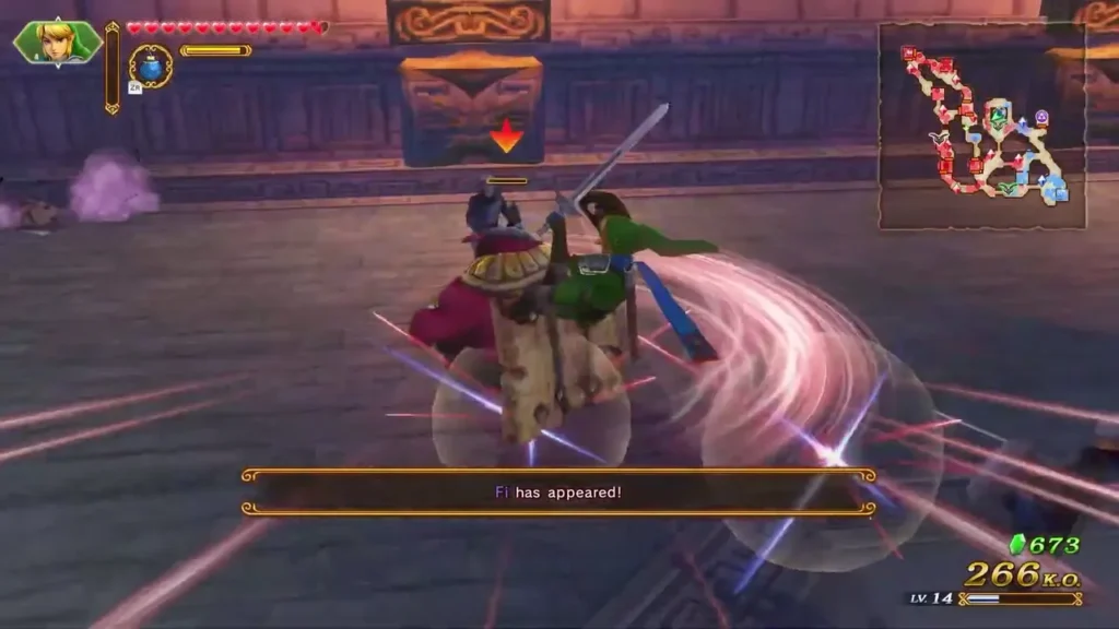 A banner reads Fi has appeared as Link fights on a stone floor A banner reads Fi has appeared as Link fights on a stone floor
