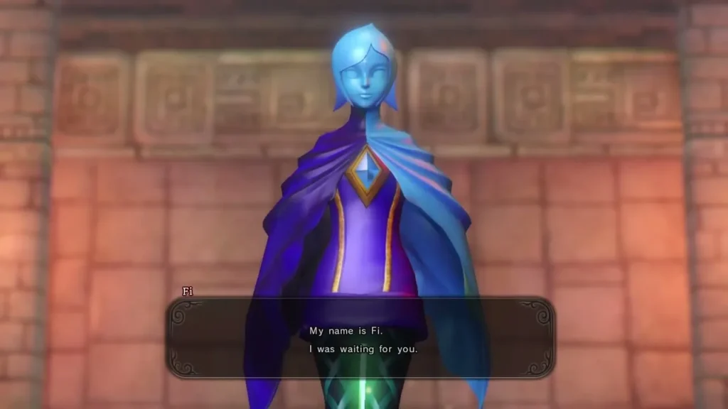Fi, in a violet cloak, introduces herself in a dialogue box Fi, in a violet cloak, introduces herself in a dialogue box