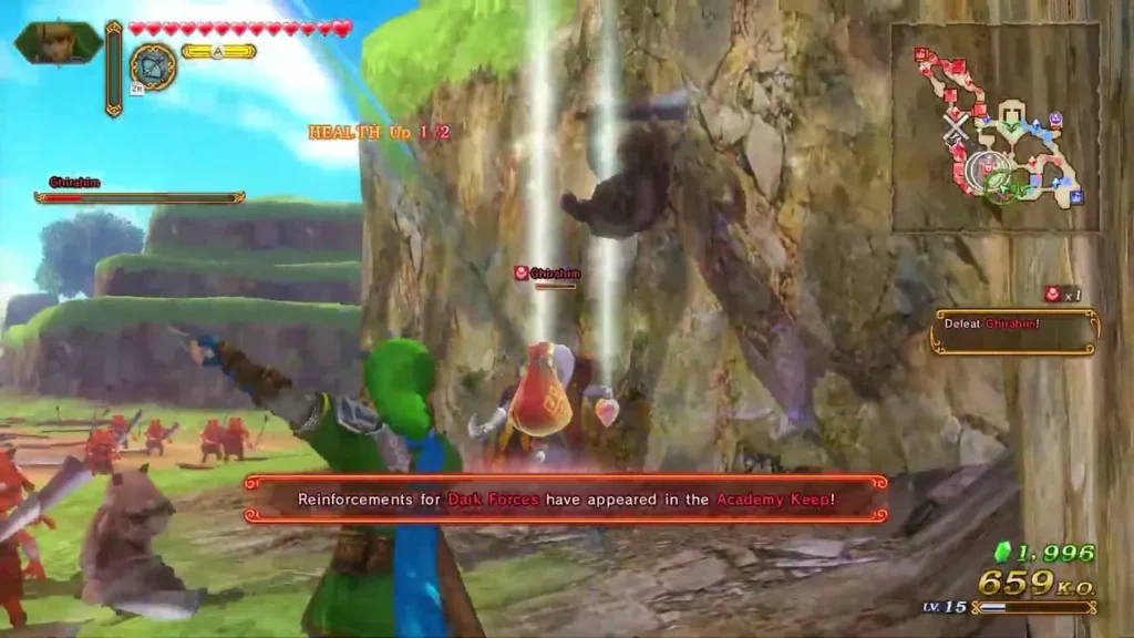 Link fights Ghirahim near the Academy Keep as a message says reinforcements for the Dark Forces appeared Link fights Ghirahim near the Academy Keep as a message says reinforcements for the Dark Forces appeared