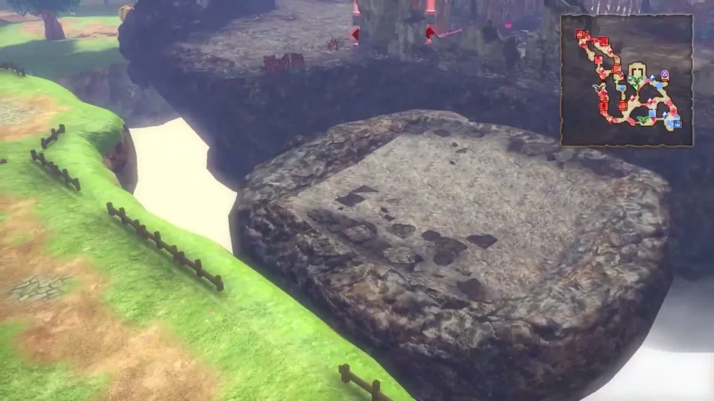 A large grey boulder sits at the edge of a cliff path in the sky islands A large grey boulder sits at the edge of a cliff path in the sky islands