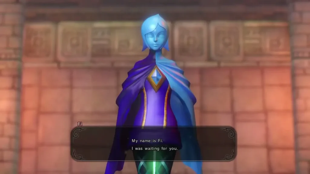 Fi, a blue spirit in a purple cape, speaks in a stone chamber Fi, a blue spirit in a purple cape, speaks in a stone chamber