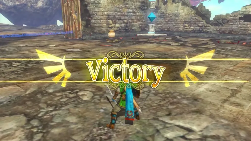 Victory banner shows over Link in the ruins Victory banner shows over Link in the ruins