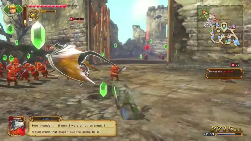 Volga, the dragon, speaks in a dialogue box as Link fights nearby Volga, the dragon, speaks in a dialogue box as Link fights nearby