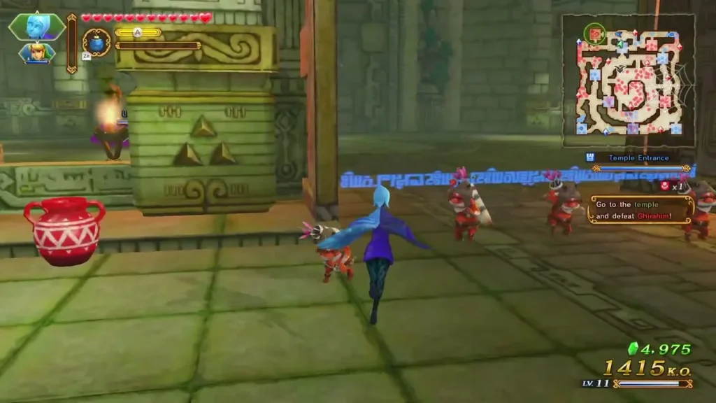 A blue-robed warrior runs past a red pot near the Temple Entrance in the Sealed Grounds battle A blue-robed warrior runs past a red pot near the Temple Entrance in the Sealed Grounds battle