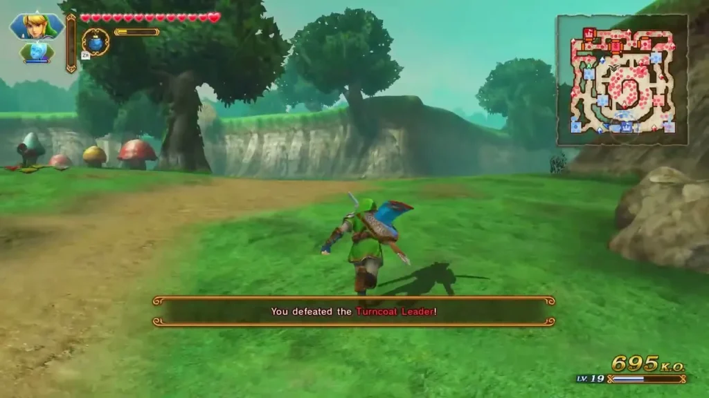 Link stands on the grass as the banner reads You defeated the Turncoat Leader Link stands on the grass as the banner reads You defeated the Turncoat Leader