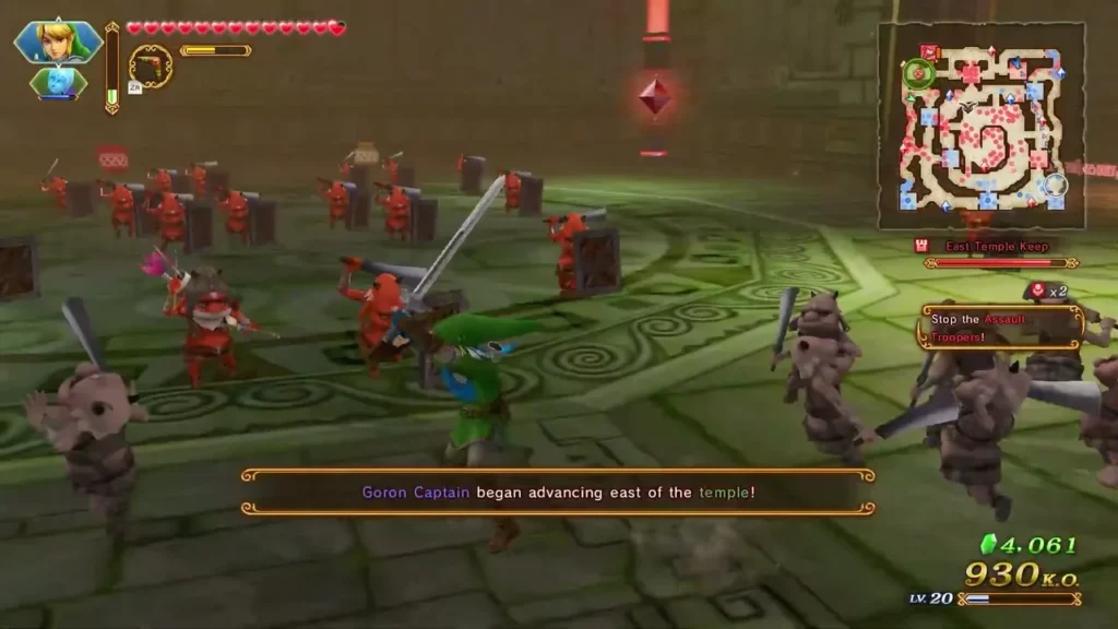 Banner reads Goron Captain began advancing east of the temple as Link fights nearby Banner reads Goron Captain began advancing east of the temple as Link fights nearby