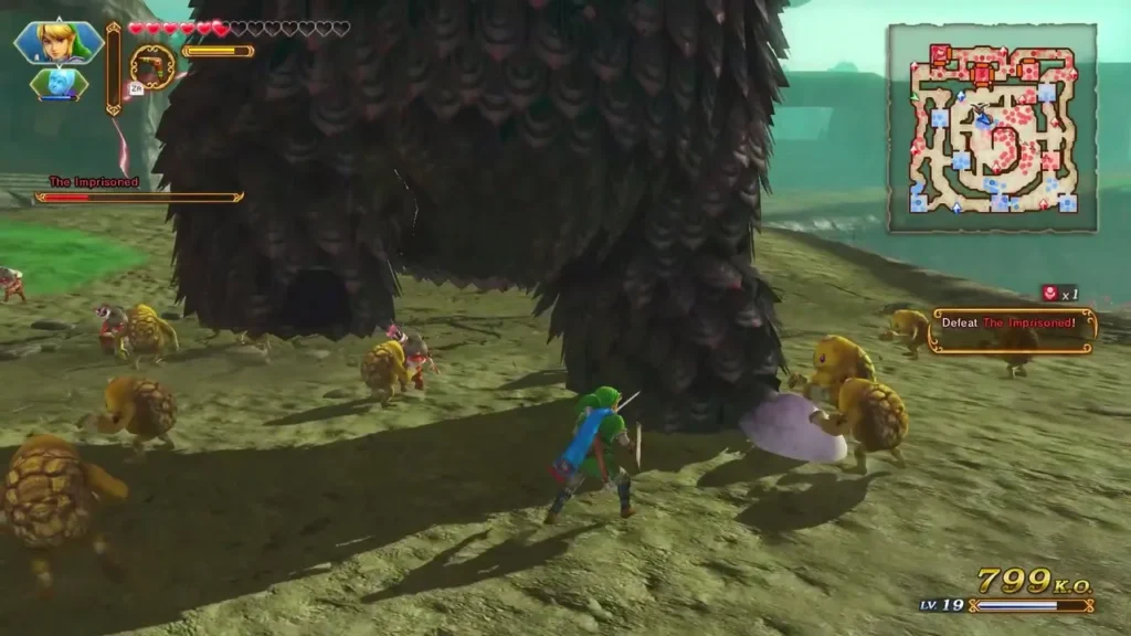 Link walks past The Imprisoned's giant foot with its health bar shown at the top of the screen Link walks past The Imprisoned's giant foot with its health bar shown at the top of the screen
