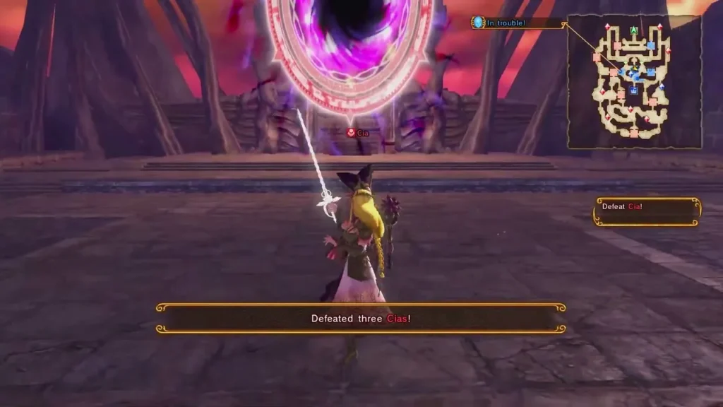 The message reads Defeated three Cias as Zelda fights near a magic portal The message reads Defeated three Cias as Zelda fights near a magic portal