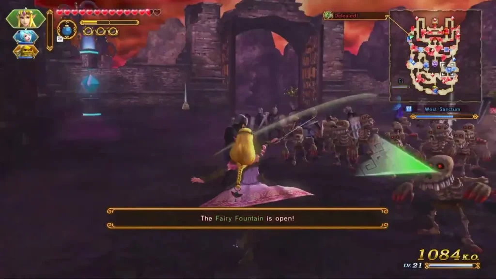 The message reads The Fairy Fountain is open as Zelda fights The message reads The Fairy Fountain is open as Zelda fights
