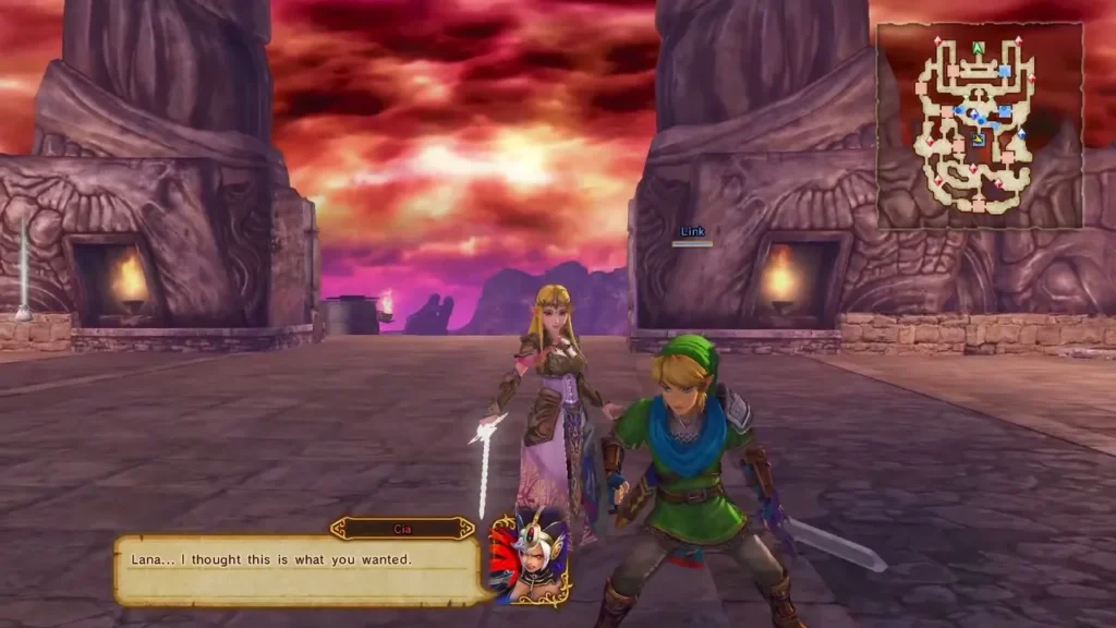 Link stands with allies in the Valley of Seers as the battle with Cia winds down Link stands with allies in the Valley of Seers as the battle with Cia winds down
