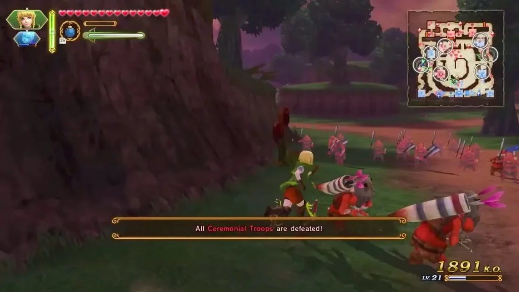 A banner says All Ceremonial Troops are defeated as Linkle rides across the Sealed Grounds