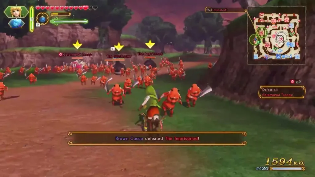 A banner says a Brown Cucco defeated The Imprisoned as Linkle rides through the Sealed Grounds