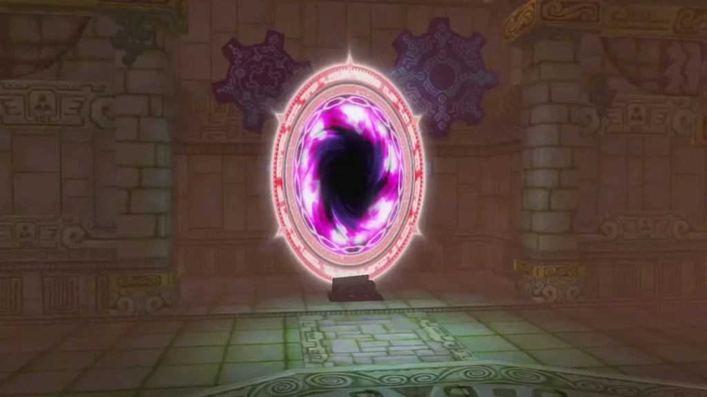 A glowing purple portal stands in a temple chamber