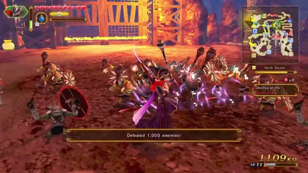 The banner reads Defeated 1,000 enemies! as Cia fights a large crowd of enemies The banner reads Defeated 1,000 enemies! as Cia fights a large crowd of enemies