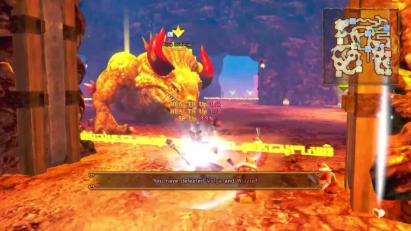 The banner reads You have defeated Volga and Wizzro as Cia stands in a fire-lit cave The banner reads You have defeated Volga and Wizzro as Cia stands in a fire-lit cave