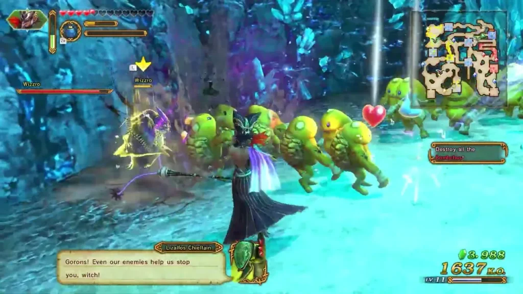 Cia uses her staff against green enemies in a crystal cave with Wizzro marked above Cia uses her staff against green enemies in a crystal cave with Wizzro marked above