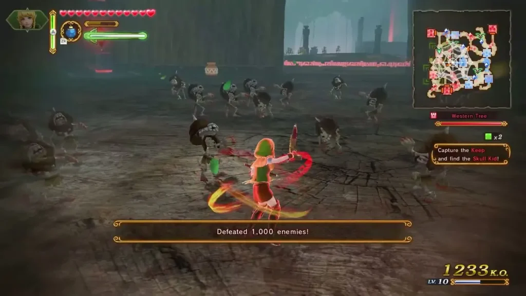 A banner reads Defeated 1,000 enemies as Linkle fights off the monsters A banner reads Defeated 1,000 enemies as Linkle fights off the monsters
