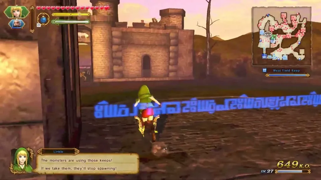 Linkle runs across a dusty field in battle as she says the monsters are using the keeps Linkle runs across a dusty field in battle as she says the monsters are using the keeps