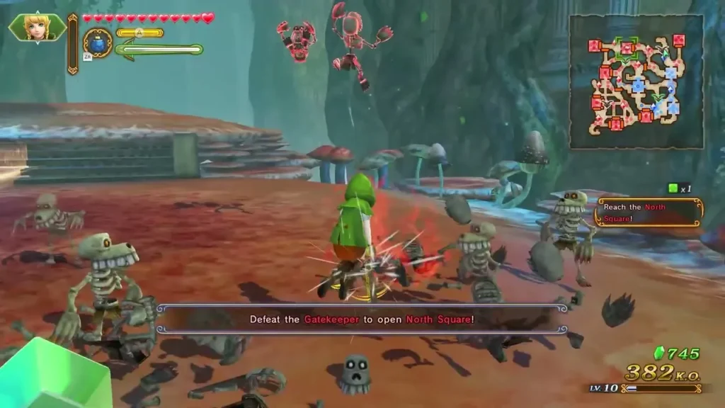 Linkle attacks skeletal monsters as the banner says to defeat the Gatekeeper to open North Square Linkle attacks skeletal monsters as the banner says to defeat the Gatekeeper to open North Square